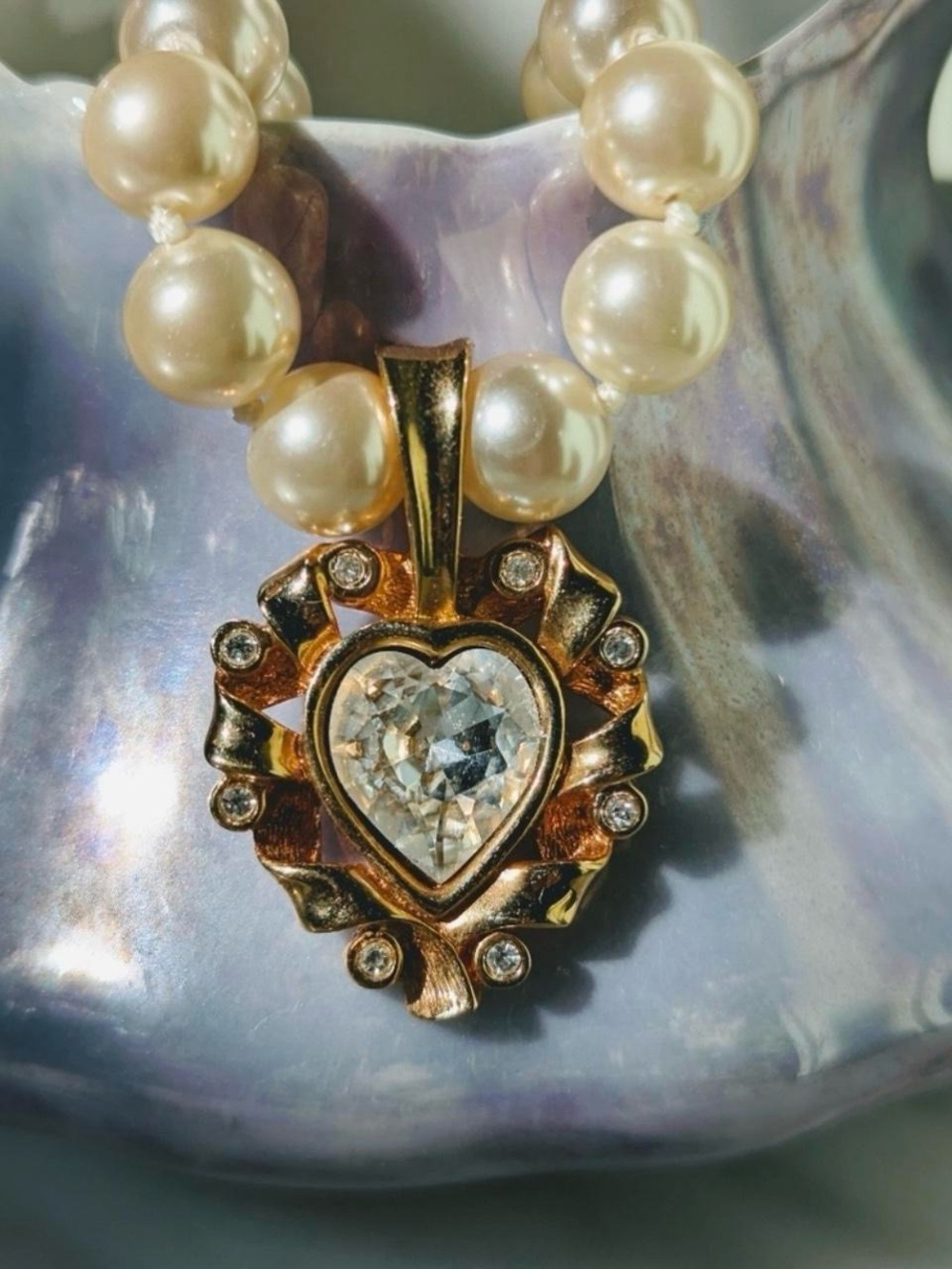 Swarovski Vintage Heart Pearl Look Necklace SAL S.A.L. Gold Plated Gold Tone - Picture 2 of 8